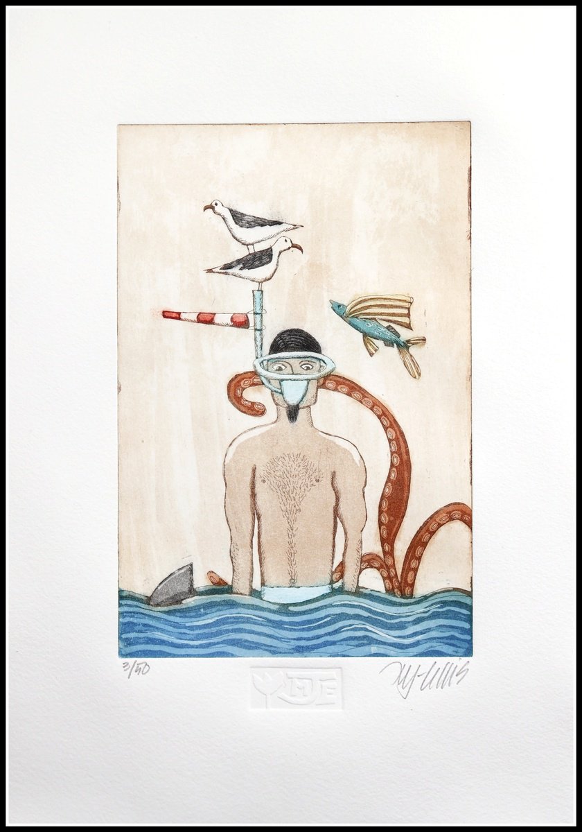 Illustrative Landscape Etchings & Engravings By Mariann Johansen-Ellis, 10 X 14", Snorkel Boy, Original Artwork