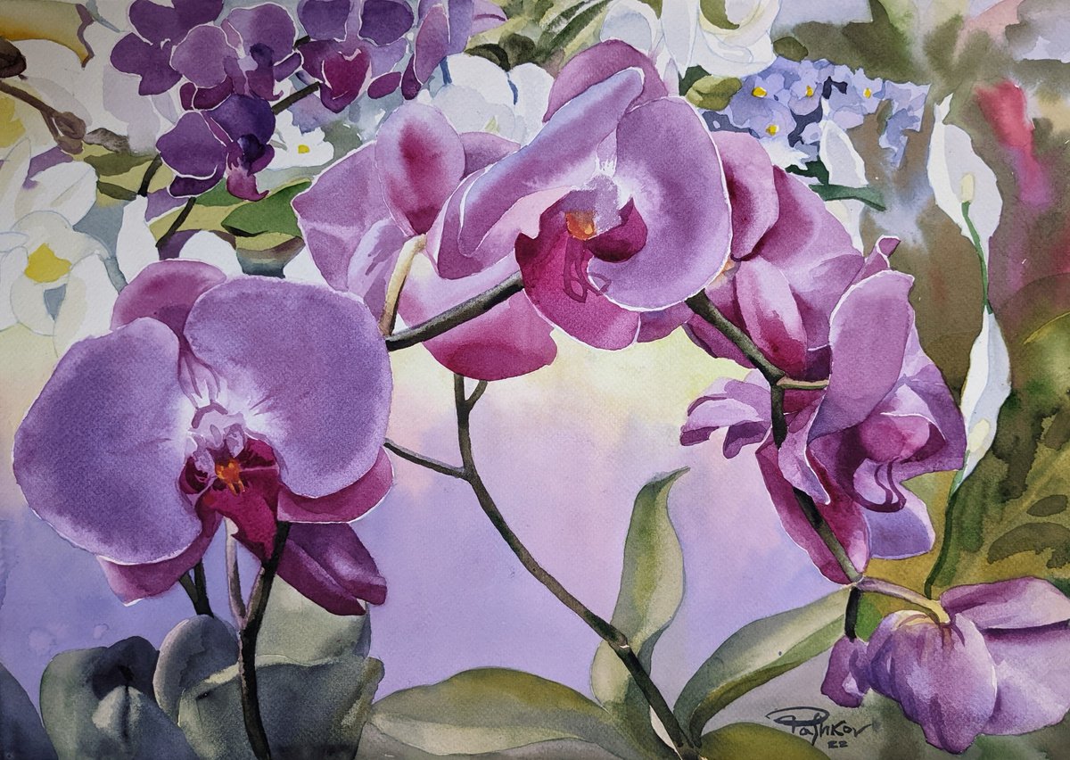 Impressionistic Botanical Watercolour By Yurii Pashkov, 22 X 15", Magenta Orchids, Original Artwork