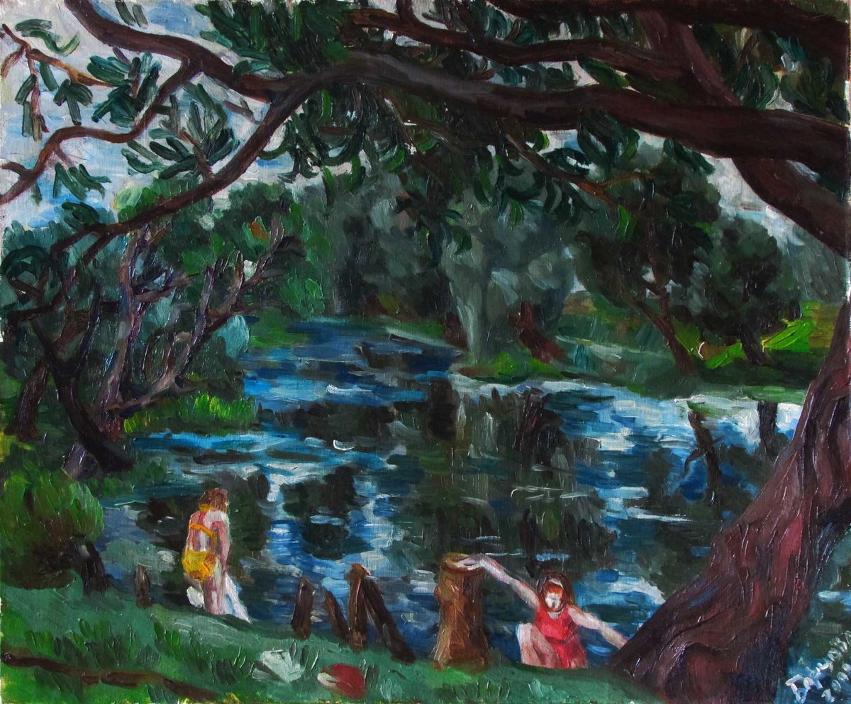 Impressionistic Landscape Oil Painting By Kateryna Bortsova, 24 X 20", Near The Lake, Original Artwork