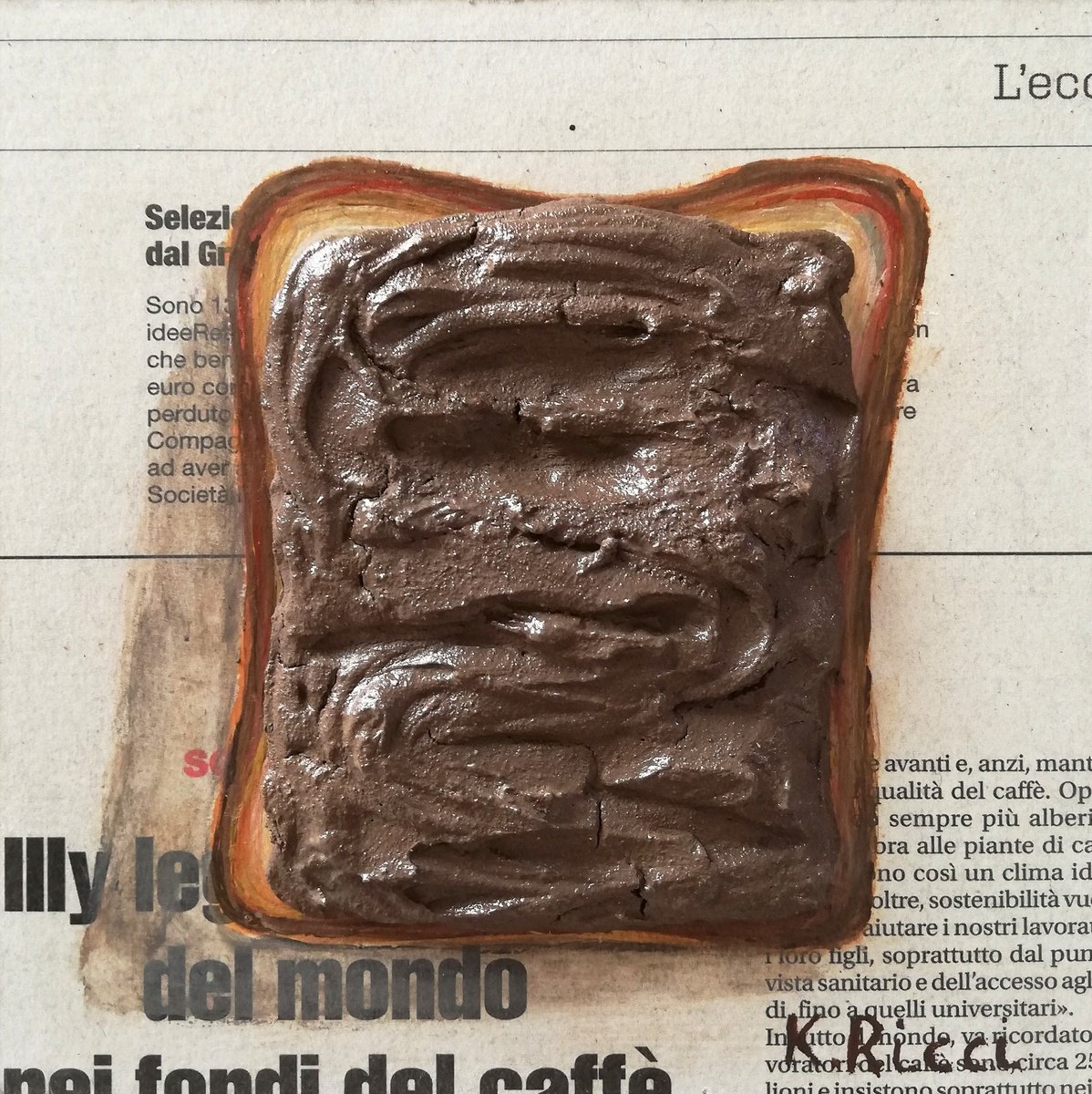 Toast with Nutella Original Acrylic on Wooden Board Painting 6 by 6 inches (15x15 cm) by Katia Ricci