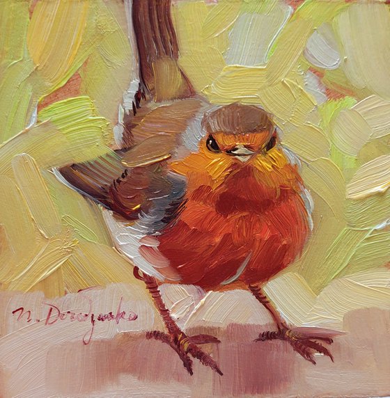 Robin bird oil painting original birding artwork, Miniature framed art