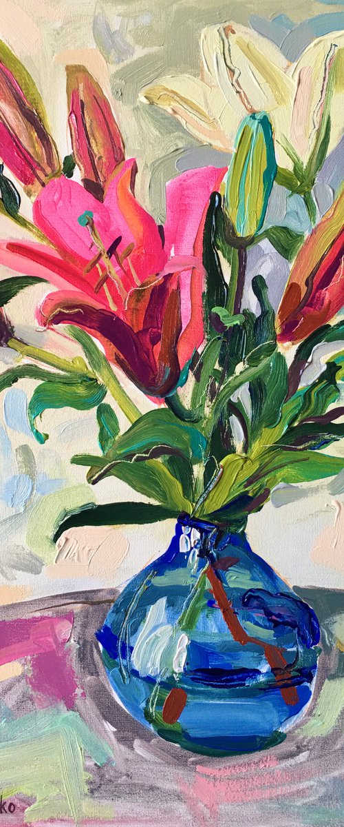 Red and white lilies by Ole Karako