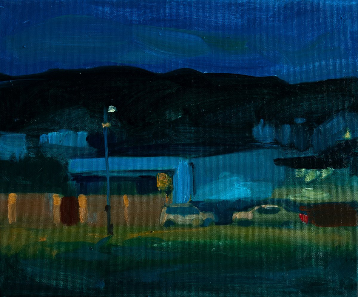 Impressionistic Cityscapes Oil Painting By Ana Kajaia, 16 X 14, Dusk-Neighbourhood, Original Artwork