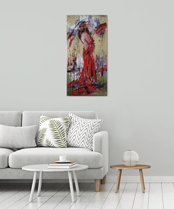 Woman in Red-figurative painting on canvas.