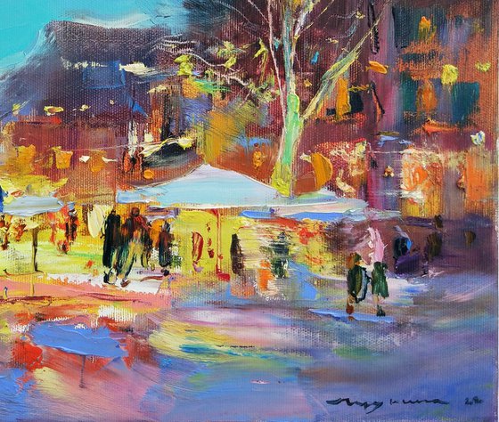 Landscape Christmas holidays | Festive atmosphere in city | Christmas little series | Original oil painting