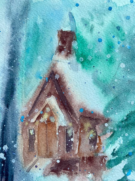 Christmas Cabin Painting, Snowy Forest Original Watercolor Artwork, Winter Landscape Wall Art, Cozy Hygge Home Decor, Christmas Gifts