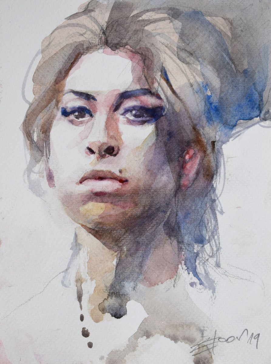 Expressive Portrait Watercolour By Goran Zigolic Watercolors, 7 X 9, Amy,Amy,Amy, Original Artwork