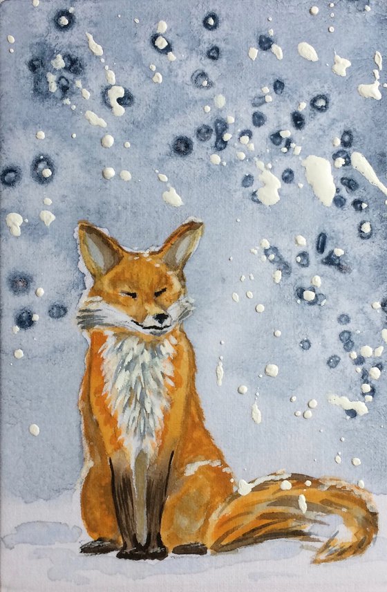 Fox portrait - Animal in winter forest - Small watercolor on canvas board - Framed artwork - Gift idea for animal lover
