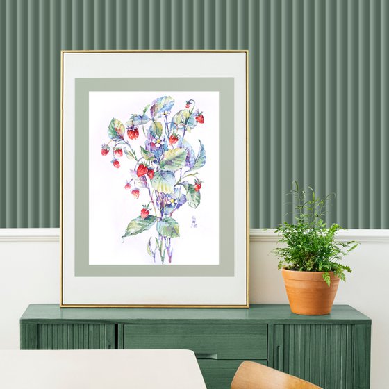 "Bouquet of strawberry sprigs" modern watercolor botanical sketch