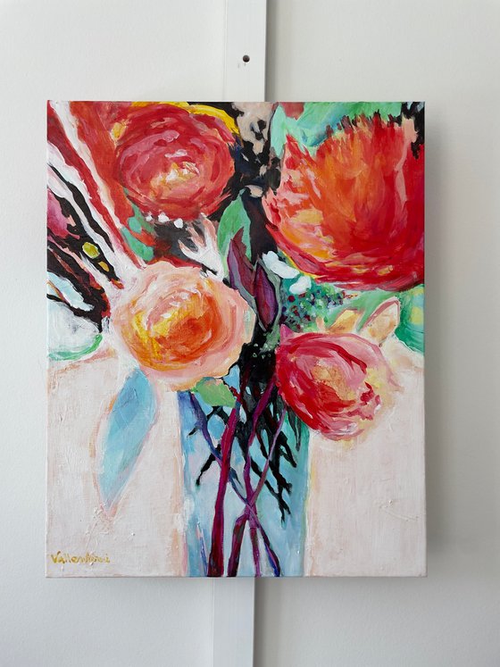 SMELLS LIKE PEONIES SPIRIT - 40 X 50 CM - FLORAL PAINTING ON CANVAS * RED *WHITE *GREEN