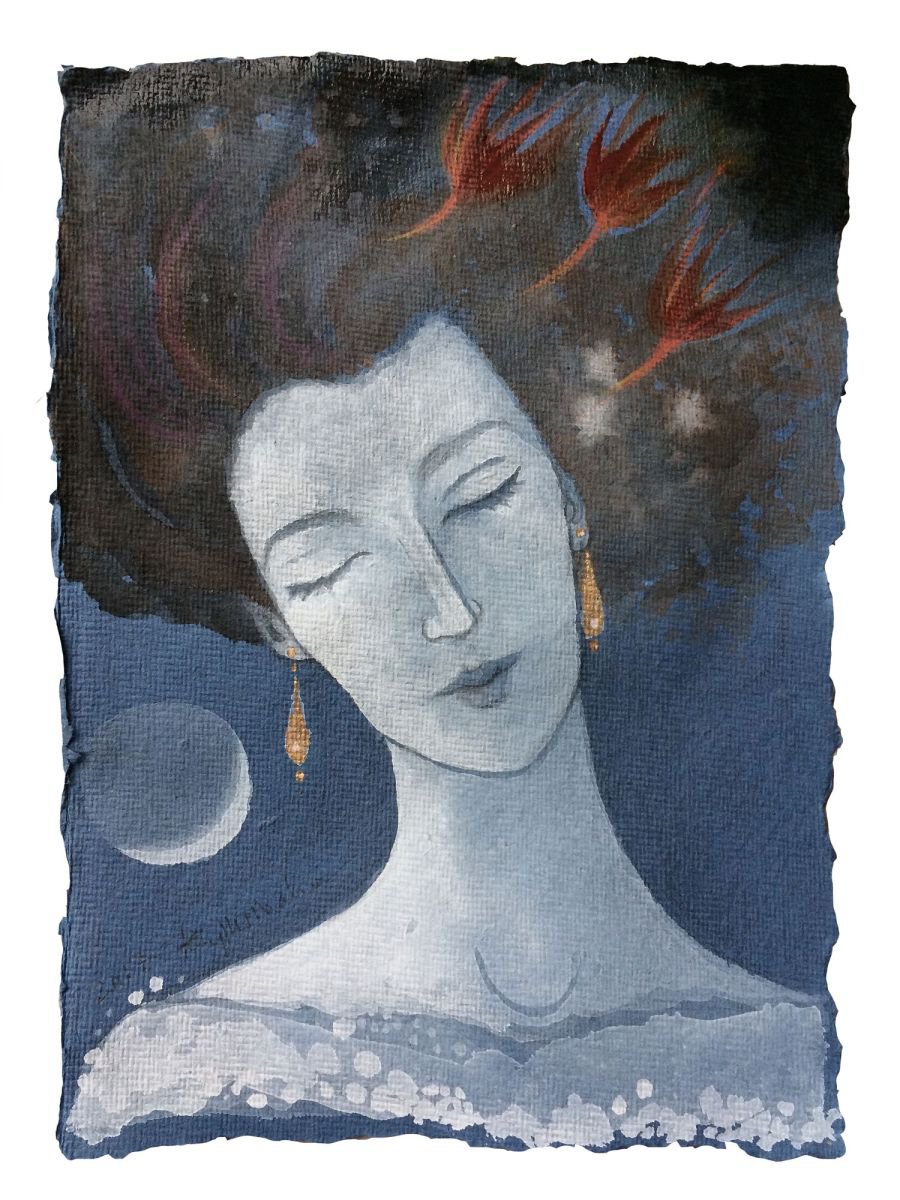 Woman with Golden Earrings and Crescent Moon by Phyllis Mahon