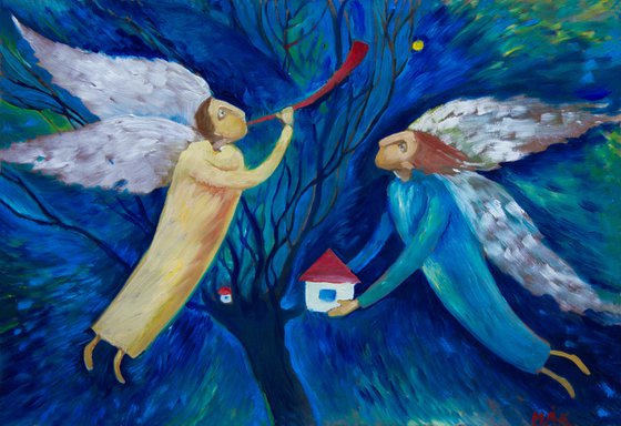 ANGELS - big oil painting angels in the sky Christmas interior idea for present Easter gift