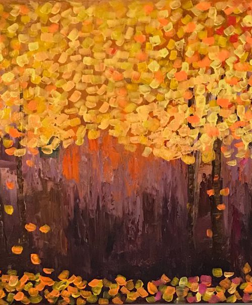 Abstract forest painting sunset by Henrieta Angel
