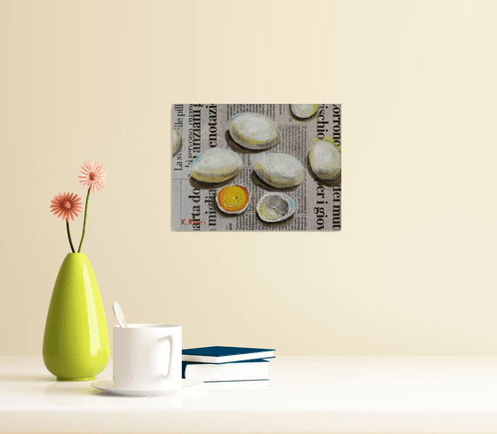 "Eggs on Newspaper" Original Painting Food Art 8 by 6"  (20x15 cm)