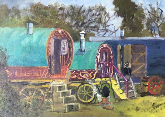 Gypsy camp, an original oil painting.