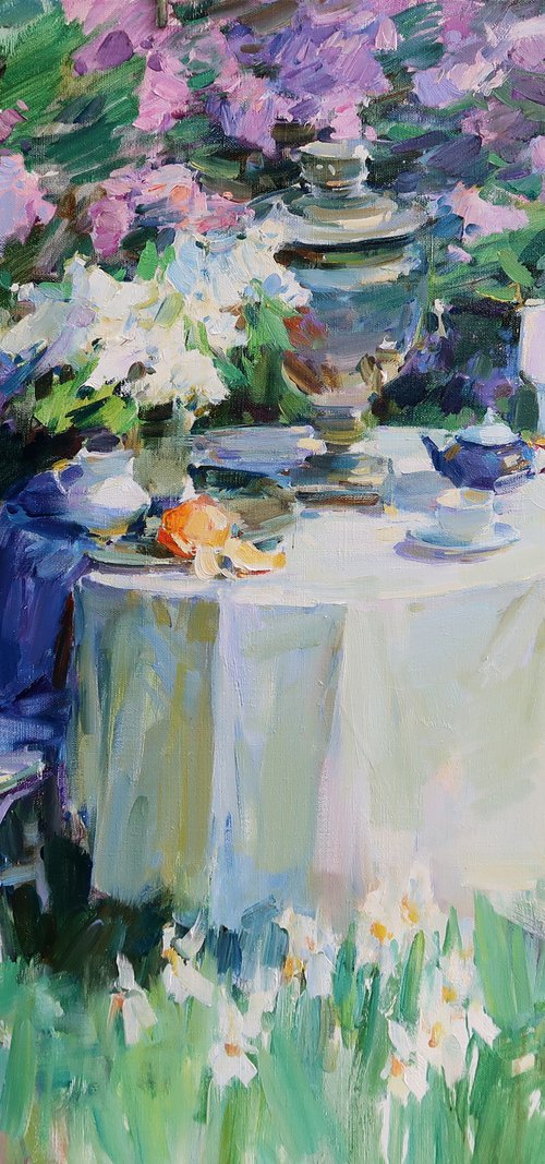 Still Life with Tea and Lilacs by Aleksandr  Kryushyn