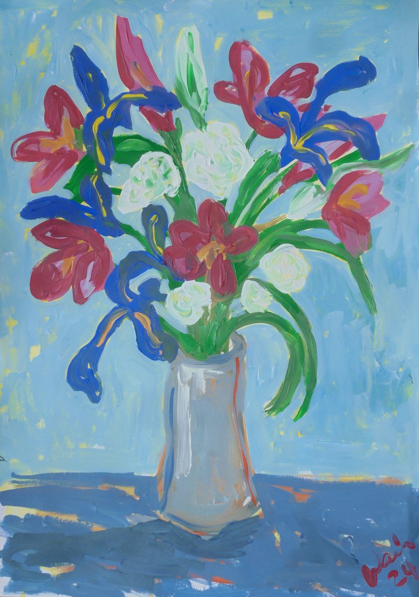 Expressive Botanical Acrylic Painting By Kirsty Wain, 17 X 23", Bouquet With Irises, Original Artwork