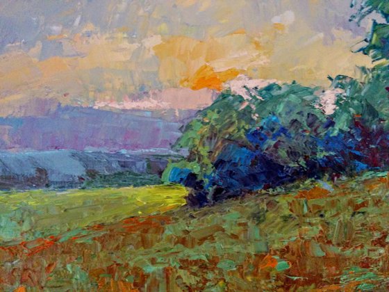 Beneath the orange sky landscape oil painting