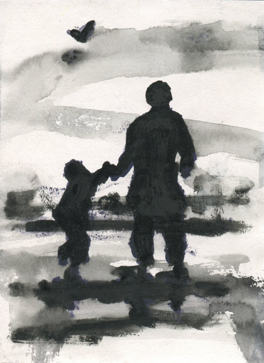 Mother and child on the beach by Hugo Lines
