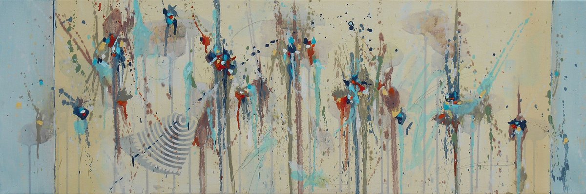 Abstract art - Circus of Invention - 36 x 12 IN / 91 x 30 CM - Abstract Oil Painting on Ca... by Cynthia Ligeros