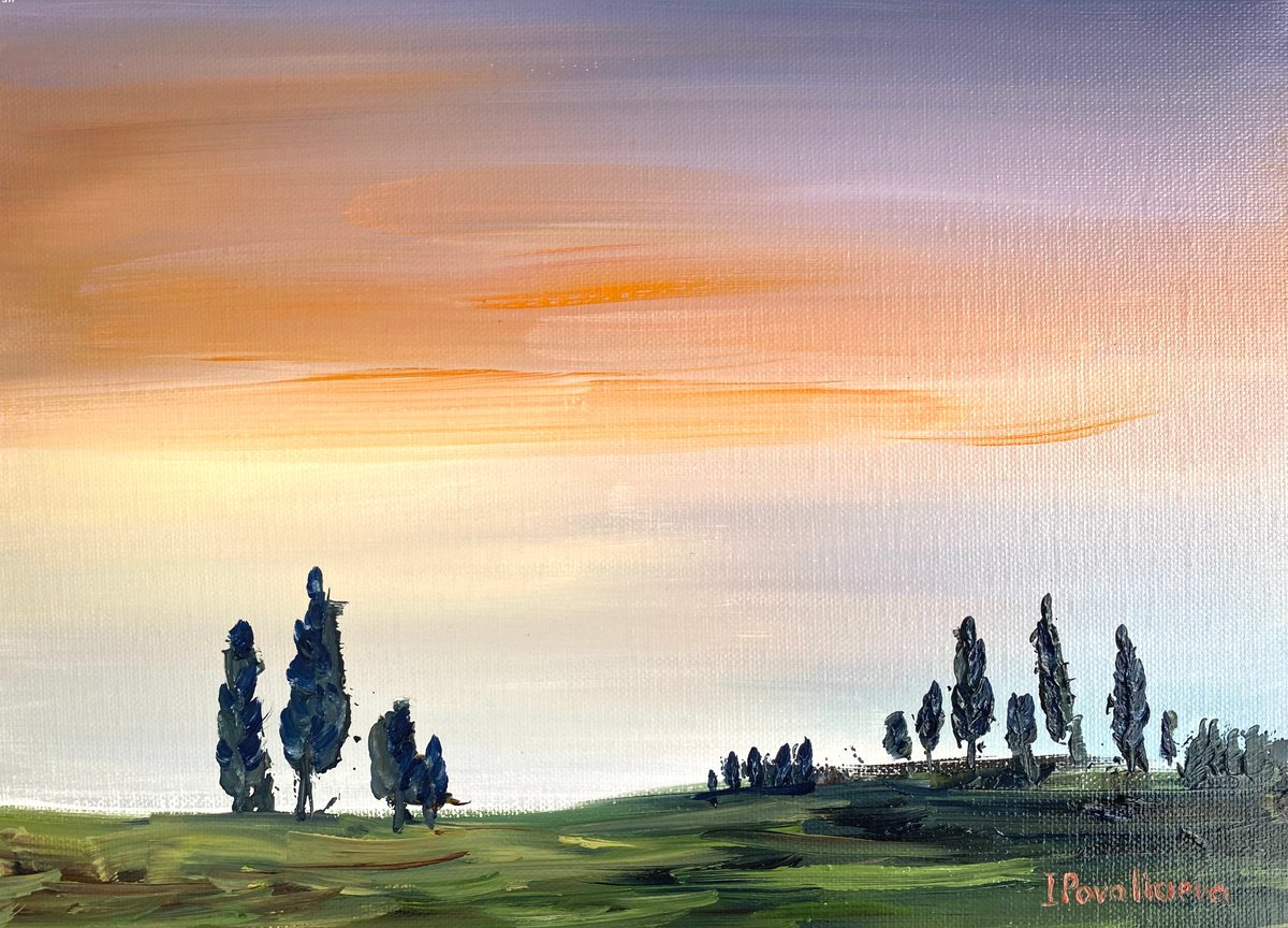Purple sky countryside original oil on canvas painting, sunset sky artwork, decor for bedr... by Irina Povaliaeva