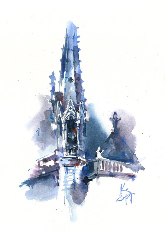 "The Gothic Tower of Notre Dame Cathedral" watercolour sketch