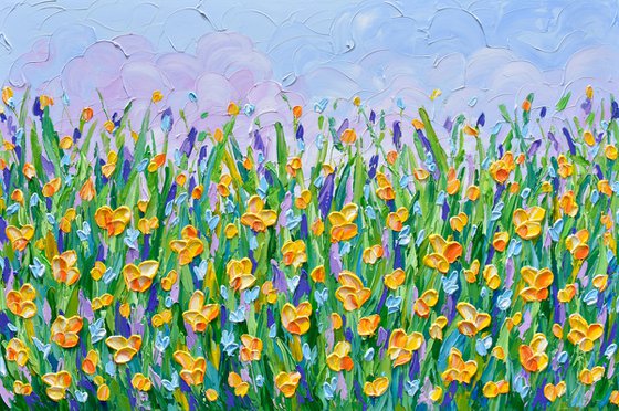 Yellow Flowers Meadow - Heavy Impasto Landscape Painting, Textured Knife Floral Art