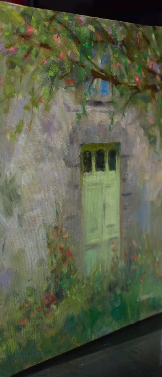 Old Green Door with Apple Blossom