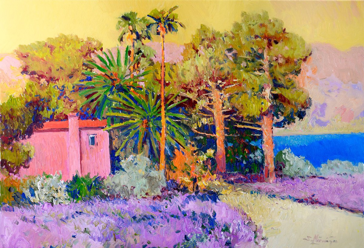 Expressive Landscape Oil Painting By Suren Nersisyan, 36 X 24", Mediterranean Garden, Original Artwork