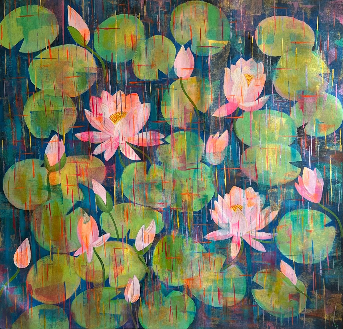 Lily pond of passion ! Large square painting by Amita Dand
