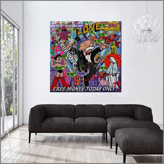 Free Money Free Love 120cm x 120cm Huge Texture Urban Pop Art Monopoly