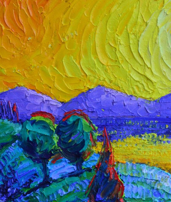 Blue Poppies Sunrise Abstract Hills Landscape textural impressionist impasto palette knife oil painting by Ana Maria Edulescu