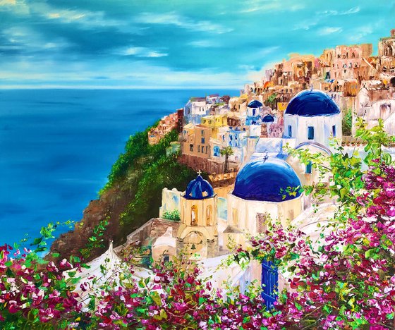 SUNNY SANTORINI - Summer. Sea. Greece. Resort. Hotel. Aegean Sea. Old city. White houses. Seaside. Mountains.