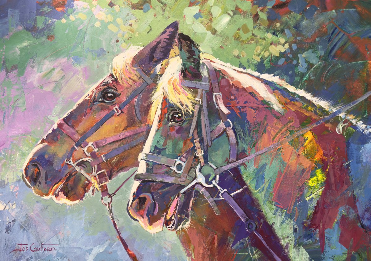 Impressionistic Animal Acrylic Painting By Jos Coufreur, 39 X 28, Draught Horses 2, Original Artwork