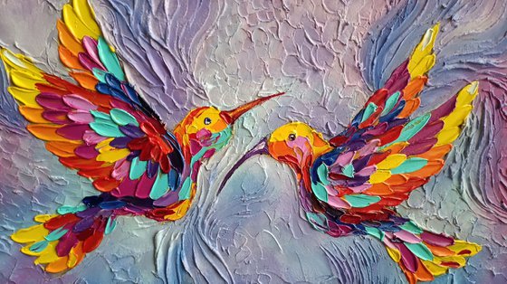 Pink dream - birds, hummingbirds oil painting, texture paste, love oil painting, birds oil painting, hummingbirds, love, animals oil painting, art bird, impressionism, palette knife, gift idea.