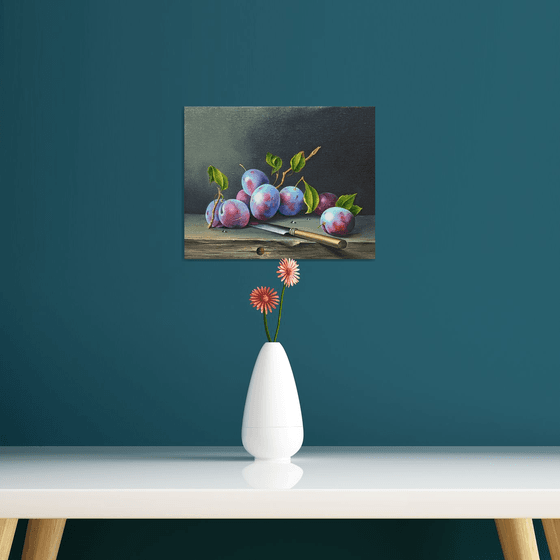 Still life with plums and knife(24x30cm, oil painting, ready to hang)