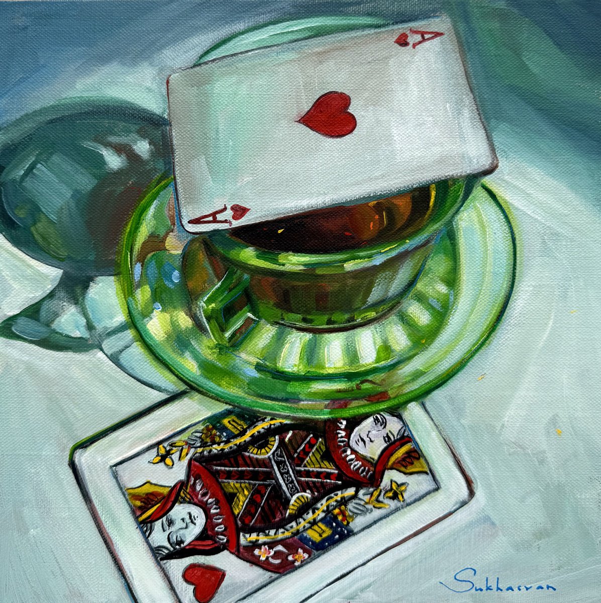 Impressionistic Still Life Acrylic Painting By Victoria Sukhasyan, 10 X 10", Tea And Queen Of Hearts, Original Artwork