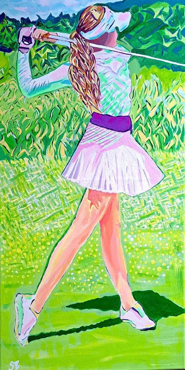 Impressionistic Portrait Acrylic Painting By Sanja Jancic, 30 X 59", Golf Is The Best, Original Artwork