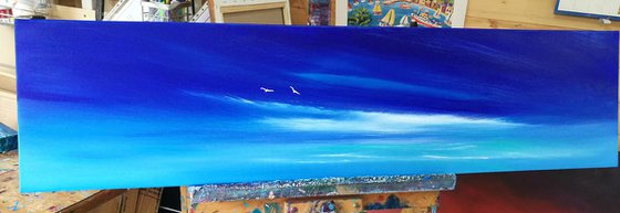 Fly Away With Me - Blue, Birds Flying, Panoramic, Cornwall, Scotland, Coast, Seascape