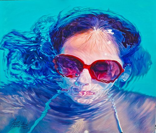 I will recover in color and become a flower , large underwater acrylic painting by Lesja Rygorczuk