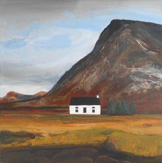 Scottish Highland Cottage with Mountain - Impressionist Painting of Croft Cottage with Mountain