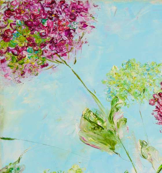 SPRING HAPPINESS - Hydrangeas. Lovely flowers. Soaring. Blue haze. Light abstraction. Pink. Dance. Flight.