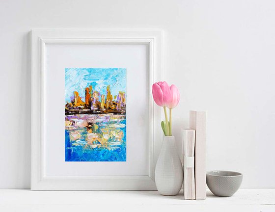 Skyline Painting Original Art Michigan Artwork Sailboat Wall Art  Small Painting Chicago Cityscape