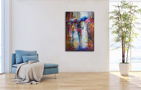 Painting Summer rain in the city, night cityscape, skyscrapers, umbrellas