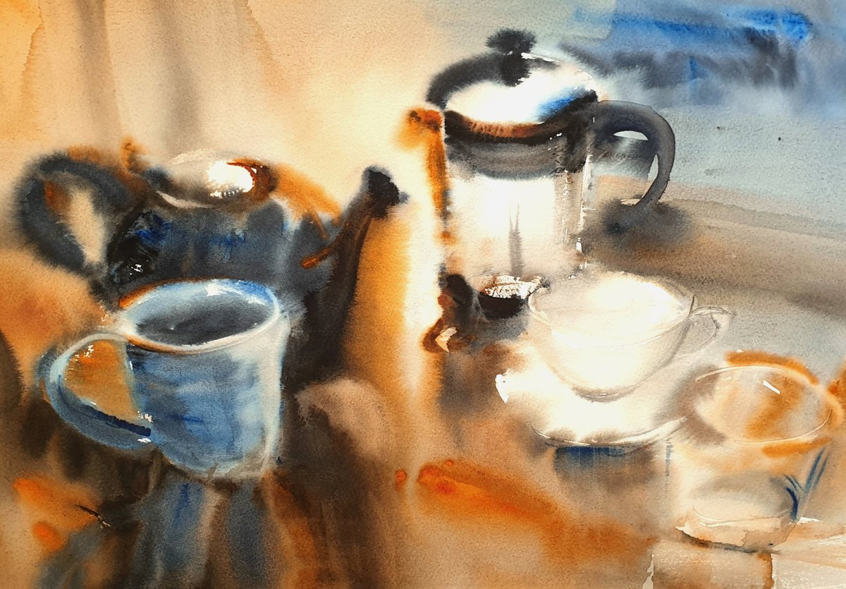 Abstract Still Life Watercolour By Elena Genkin, 20 X 15, Looking Forward To Sunday Breakfast. Tea Or Coffee? 4Th Edition, Artfinder