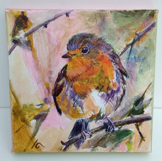 Robin painting, Bird painting on canvas, original mixed media painting, mini canvas