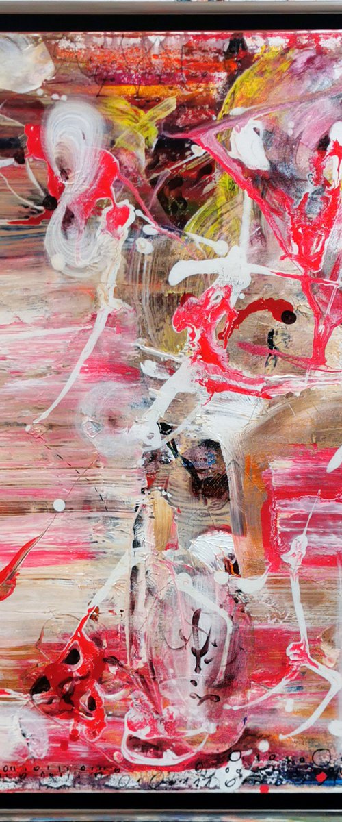 Framed red and white gestural action painting abstract still life pot with flowers O KLOSKA by Kloska Ovidiu