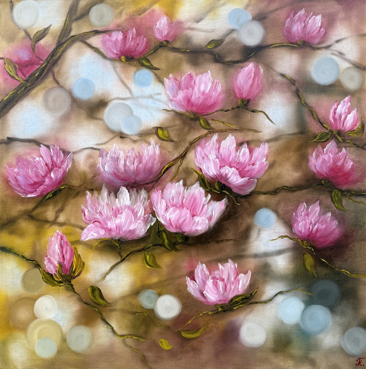 Impressionistic Botanical Oil Painting By Tanja Frost, 24 X 24", Floral Awakening, Original Artwork