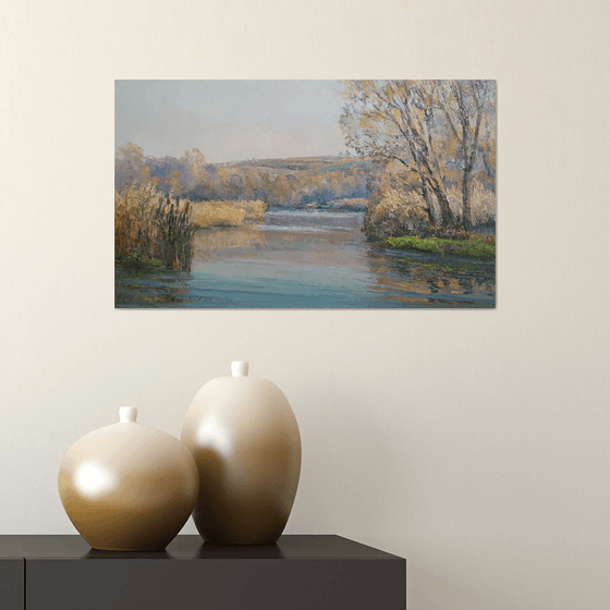 November silence / Fall landscape Autumn river Oil painting