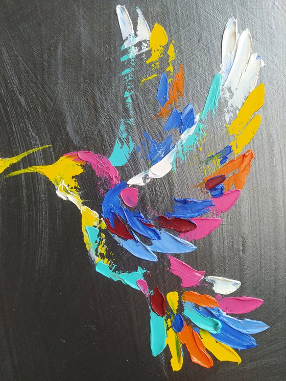 Flight - birds, love, hummingbirds, birds in flight, animals oil painting, art bird, impressionism, palette knife, gift for lovers